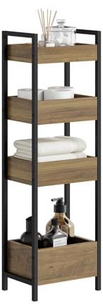 SoBuy Slim Bathroom Shelves 28cm Wide with 4 Shelves for Narrow Corners | Tall Freestanding Bathroom Organiser Unit, Wooden Storage Cupboard, W28 x D20x H90 cm, Natural & Black, FRG226-H-F