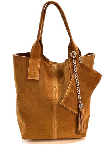 KMISSO Damen Wildleder Tasche groß Shopper Schultertasche Beuteltasche aus echtem Wildleder mit Quaste hergestellt in Italien