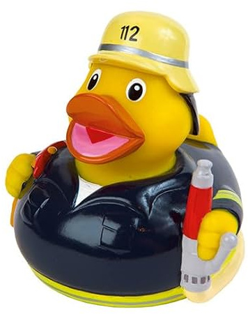 Roter Hahn 112® Badeente Feuerwehr – Quietscheente aus PVC – Lustige Badeente für Kinder & Sammler – TÜV geprüft ab 10 Monaten