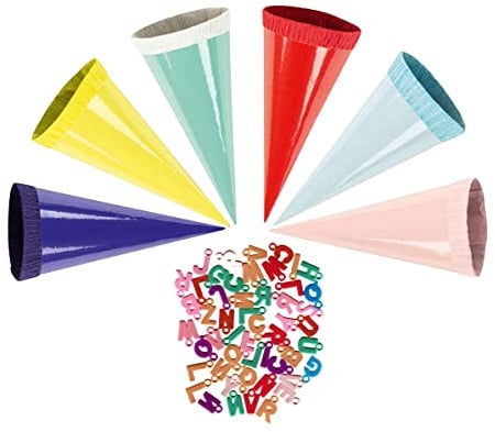 Stylex Schultüte 12 cm - rund - Geschenktüte klein Dekoration Zuckertüte Deko für Schulanfang Dekotüten 12cm mit Buchstaben (6 Schultüten mit Buchstaben)