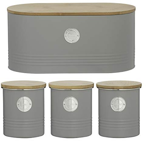 Typhoon Living Grey Tea Coffee Sugar Storage Canister and Bread Bin Set with Bamboo Lids