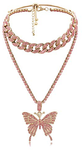 HMOOY Collier avec pendentif papillon cubain pour femme - Collier ras du cou hip hop - Pendentif papillon - Collier de tennis - Bijou fantaisie pour femmes et filles (rose)