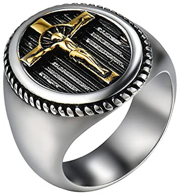 JewelryWe Kreuz Ring Siegelring Herren: Gold/Silber Edelstahl Herren-Ring Jesus Christus Kruzifix Fingerring Christlicher Religiöser Kreuzring Band Katholischer Schmuck Geschenk für Männer Größe 60
