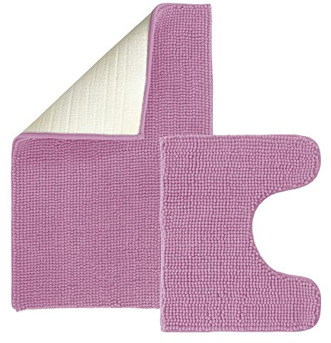 ANSIO® Bath Mat Non Slip 80 x 50cm, Pedestal Mat 50 x 40cm Soft Microfiber, Machine Washable 2 Piece Set - Lilac