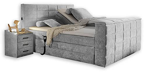 Stella Trading DENVER 6 Boxspringbett 180x200 elektrisch verstellbar, Silber - Bequemes Doppelbett mit motorisierter TV-Halterung - 202 x 123 x 240 cm (B/H/T)
