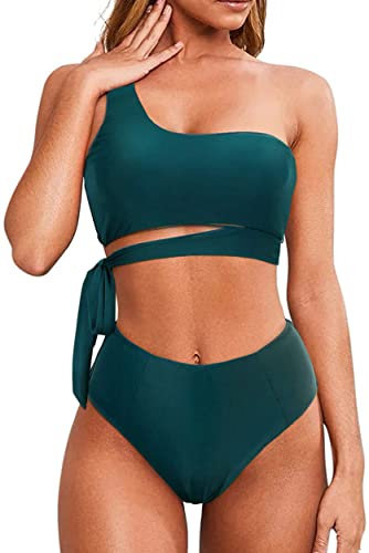 Rayson Donna Vita Alta Costume da Bagno a Due Pezzi Bikini Set Chic Monospalla retrò con Spalline Laterali(Blu,M)