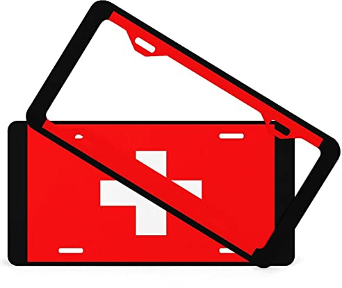Kennzeichen- und Rahmen-Set Schweiz Flagge Kennzeichenrahmen 2er Set, vorne & hinten Kennzeichenhalter mit Befestigungssatz, rostfrei & wetterfest, Made in USA