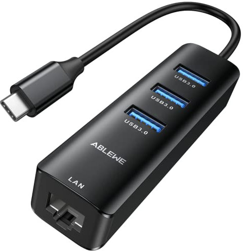 ABLEWE Adattatore USB C Ethernet,Hub USB C Ethernet con 1000Mbps LAN e 3 Porte USB 3.0,Adattatore Ethernet USB C Gigabit RJ45 per MacBook Air/Pro,iPad Pro,Chromebook,Surface, XPS,ecc.-Alluminio Nero