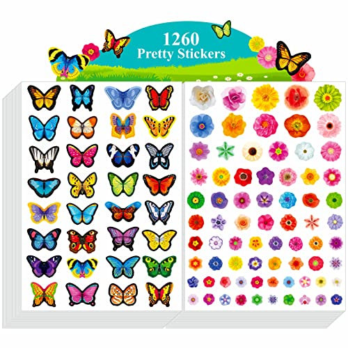 1260 Stück Schmetterlings- und Blumen-Aufkleber, 24 Blätter, bunte Frühlings-Blüten-Aufkleber, Insekten- und Pflanzen-Aufkleber, Frühlingsthemen, Partyzubehör, Dekorationen für Kinder, Lehrer
