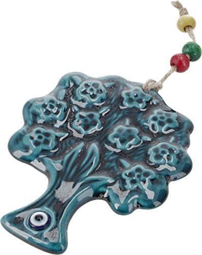 GURU SHOP Keramik Baum mit Schutzauge, Boho Wandschmuck - Baum des Lebens, 11x9x0 cm