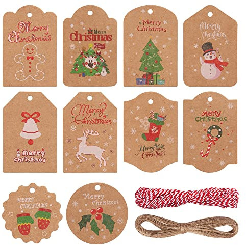 100PCS Christmas Label Gift Tags, LEUOSO 300gsm Kraft Present Hanging Label Card, 10 Pattern Styles with 10M Cotton String and Twine String for Xmas Paper Wrapping Decorations, DIY Homemade Arts Craft