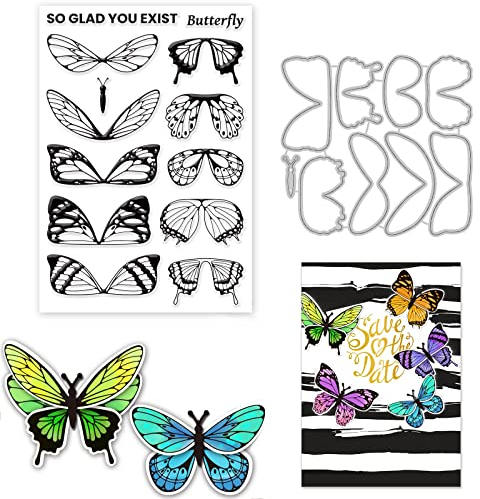 ORIGACH Schmetterling Stempel und Stanzschablonen Set für Kartenherstellung Schmetterling Metall Prägeschablonen und Klarer Stempel für DIY Scrapbooking Fotoalbum