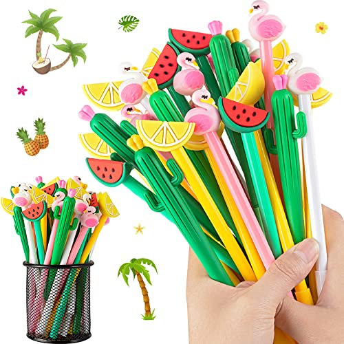 30 Stück hawaiianische Luau-Kugelschreiber, 0,5 mm schwarze Gel-Tinte, niedlicher Flamingo, Wassermelone, Kaktus, Zitrone, Fruchtstift für Kinder, Schüler und Schule, Bürobedarf