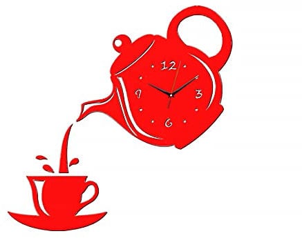 ZoTuoART Teapot and Cup Acrylic 3D DIY Mirror Wall Clock - Safety Unbreakable Mirror Tiles Self Adhesive Mirror Surface Time Sticker for Home Decor Red L 28cm(11'')
