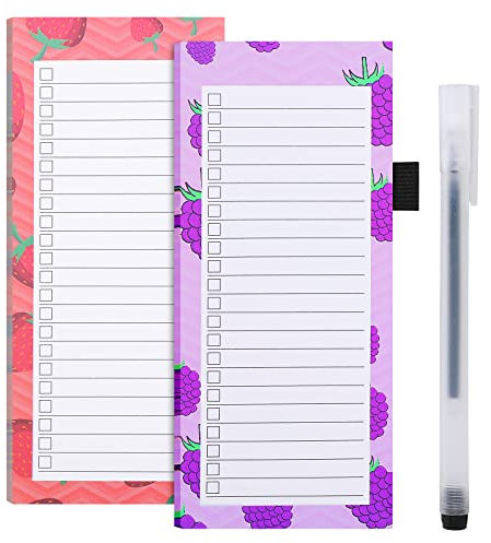 Abeillo 2 Pack Magnetic Shopping List Pad for Fridge with Pen, Magnet Notepad Grocery List (Grapes + Strawberry)