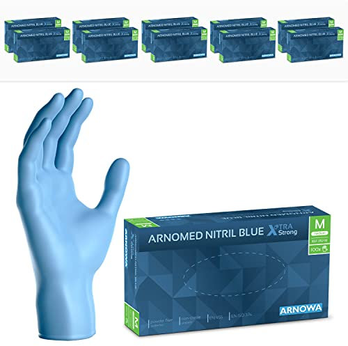 ARNOMED Einweghandschuhe Blau Extra Stark, Einmalhandschuhe M, 50% dickere Nitrilhandschuhe, 1000 Stück, Handschuhe Einweg puderfrei, latexfreie Gummihandschuhe, Einweghandschuhe in S, M, L, XL