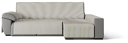 GAMUSI Sofaüberwurf - praktischer Sofabezug aus Baumwolle, Chaiselongue, 200 cm rechts (bis zu 230 cm breit), gestreift, Beige
