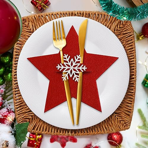 Besteckhalter Weihnachten Filz, 12 Stück Bestecktasche Rot Stern Besteckbeutel Tischdekoration, Weihnachts Schneeflocken Messer Gabeln Löffel Geschirr Besteck Taschen für Party Tisch Weihnachtsdeko
