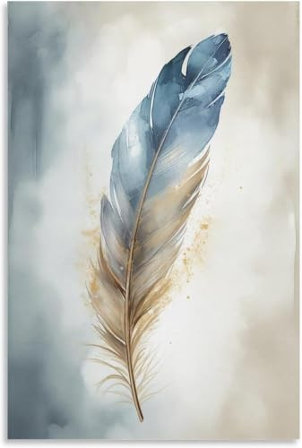 FOCCAR Vintage-Feder-Wandkunstdrucke, minimalistisch, blau-weiß, Bilder auf Leinwand, Poster, Wanddekoration für Schlafzimmer, Heimdekorationen