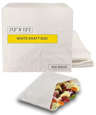 [500 Pack] White Sulphite Paper Bags for Food - (12'' x 12'') Eco-Friendly & Biodegradable Paper Bags for Sandwich,Snacks, Grocery, Shopping, Lunch - Ideal for Sweets & Food - Carbon Neutral Packaging