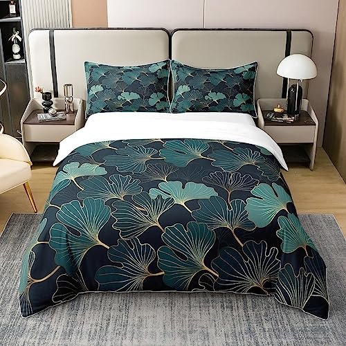 Goldene Ginkgo Blätter 100% Baumwolle Bettbezug, Floral Art Decor Botanischer Tröster Bezug, Luxus Gold Muster weiche Bettwäsche Set 1 Kissenbezug 135x200