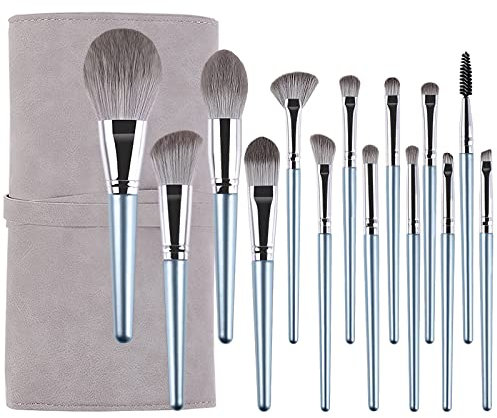 Lot de 14 pinceaux de maquillage professionnels, pinceaux de maquillage synthétiques pour fond de teint, anti-cernes, poudre, blush, fard à paupières, sourcils, avec trousse de maquillage (bleu)