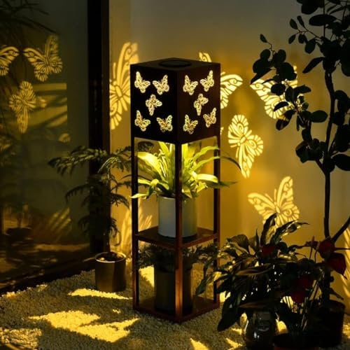 Butterfly Solar Lantern, GCMacau Solar Lights Outdoor Garden, 31 Waterproof Lanterns with 2 Tier Trellis, Birthday Gifts for Women Garden Ornaments Outdoor, Decoration for Porch Patio Lawn Yard