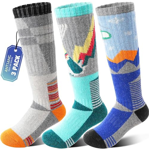 ANTSANG Kids Merino Wool Ski Socks for Girls Boys Teen Thermal Thick Warm Winter Hiking Knee High Stocking Stuffers Socks for Skiing Snowboarding(Skate A,4-7 Y)