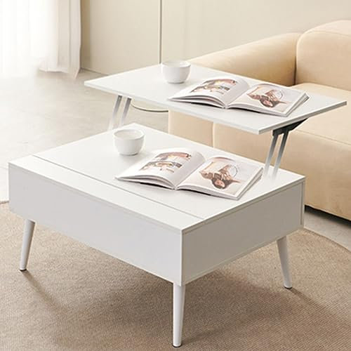 Height Adjustable 3 in 1 Lift Top Coffee Table Converts to Dining Table with 4 Metal Legs Modern Rectangle High Gloss Waiting Area Table