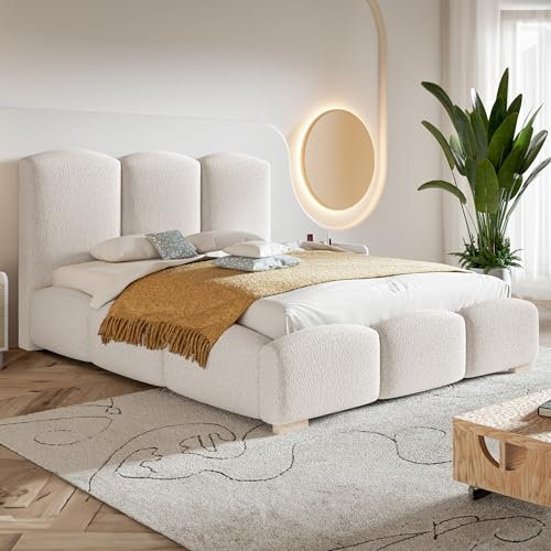 MOTIVENA Hilton Bubble Bett 200x200, Polsterbett 200x200, mit Bettkasten, mit Stauraum, mit Lattenrost, mit Kopfteil, ohne Matratze, Bett Boucle, Weiß Milch