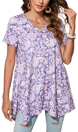 Enmain Camiseta Mujer Manga Corta Top Túnica Larga Cuello de Pico Blusa Elegante y Cómoda Talla Grande Tops Estampadas T Shirt para Mujeres,Lila,M