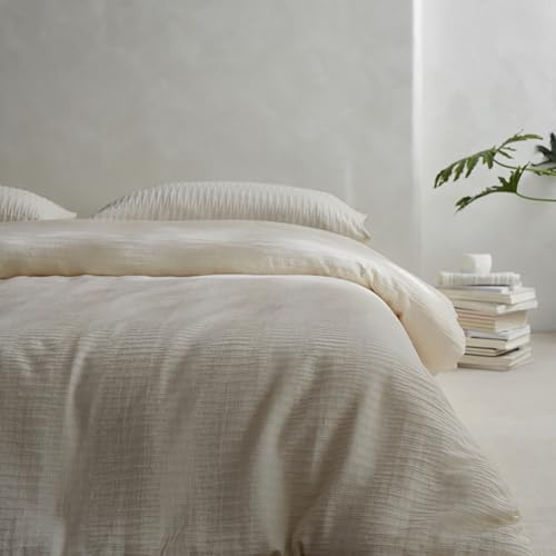 AShanlan Bettwäsche Seersucker 135 x 200 Beige Gestreift Strukturiert Bettwäsche Set und Reißverschluss 2teilig Microfaser Wende Bettbezug mit Kissenbezug 80x80 cm