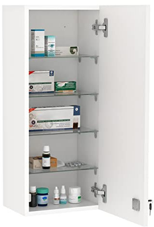 kleankin Armoire à Pharmacie Murale avec Serrure, 5 étagères et tablettes réglables, Bois et Verre, Blanc, 30x20x70cm