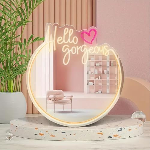 KADAFAGO Hello Gorgeous Neonschild Heimdekoration beleuchteter Spiegel Wanddekoration LED-Schilder personalisierte Geschenke für Wanddekoration Party Geburtstag Verlobung Party Hochzeitsdekoration
