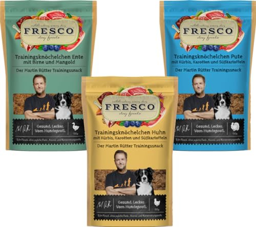 Fresco Martin Rütter Trainingsknöchelchen Probierpaket | je 1x Ente, Pute & Huhn | 3 x 150 g | Natürlicher Monoproteinsnack | Leckerer Snack für Hunde