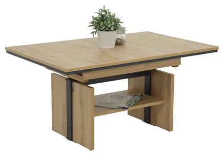 Hela Tische, Funktionscouchtisch Ingo, Holzwerkstoff melaminbeschichtet, Artisan Eiche-Dekor, ausziehbar 110-150cm, höhenverstellbar mit Lift 53-72cm