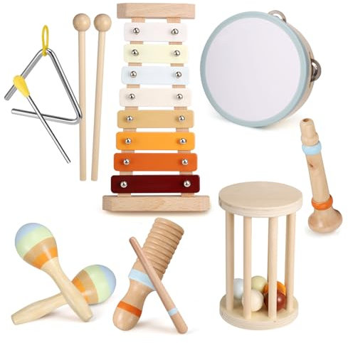 Kids Musical Instruments, Baby Montessori Musical Wooden Percussion Toys for 18M+, Kids Neutral Colors Instruments Toys Set for Boys Girls 1 Year old Preschool Educational Gift