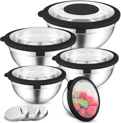 HaWare Rührschüssel 5er Set, Edelstahl Schüssel Salatschüssel Set mit Transparenter Luftdichtem Deckel & 3 Reibenaufsätzen zum Kochen Backen, 4,5L/2,8L/1,5L/1,2L/0,7L, Spülmaschinenfest, Schwarz