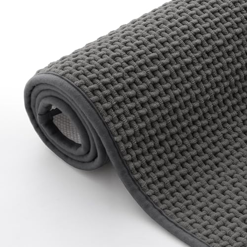 Homaxy Chenille Badezimmerteppich Badematte Rutschfest-40x60 cm, Dunkelgrau | weich&bequem, gewebestruktur nimmt feuchtigkeit effizienter, rutschfeste rückseite, maschinenwaschbar, breite anwendung