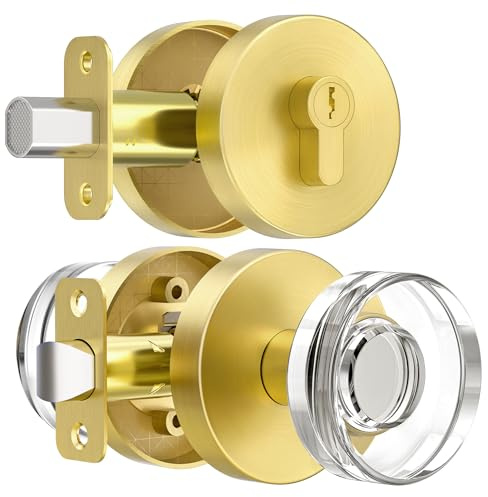 naubea Crystal Glass Door Knob with Deadbolt Lock, Brushed Gold Front Door Knob and Deadbolt Set