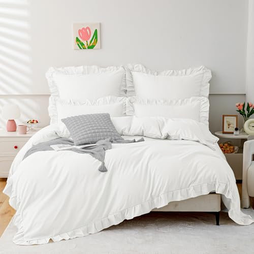 TOCOMOA Rüschen Bettwäsche 135x200 Mädchen, Aesthetic Bettwäsche-Sets Mikrofaser, Öko-Tex Zertifiziert, Weich Weiß Bettbezug mit Reißverschluss, Kopfkissenbezug 80x80cm