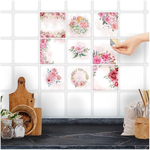 FoLIESEN Fliesenaufkleber für Bad, Küche, Badezimmer - Fliesen-Folie selbstklebend - Deko-Aufkleber - Romantische Aquarellblüten, .:10x10 cm - 9-tlg.