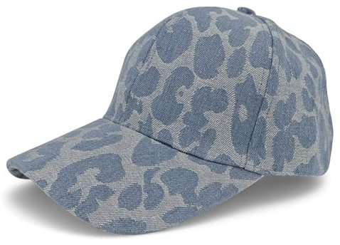 styleBREAKER Damen Jeans Baseball Cap verstellbar | Denim Basecap mit Leoparden Muster | 6 Panel Kappe aus Baumwolle mit gebogenem Schirm atmungsaktiv für Freizeit Sport Sommer, Farbe:Blau
