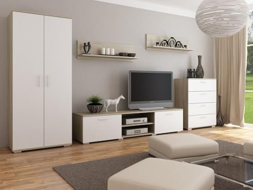 Per la vita Schrankwand California 2 Weiß/Sonome – Modernes Wohnzimmermöbel Set Weiß-Sonome mit Kleiderschrank, TV-Schrank, Kommode & 2 Wandregalen – Schrankwand für Wohnzimmer & Jugendzimmer