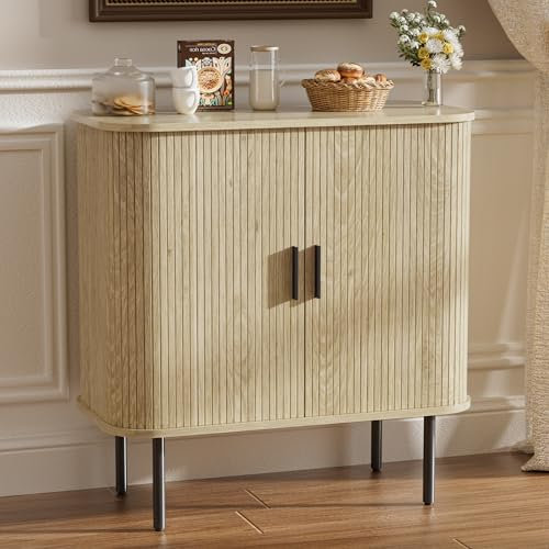 FiveWillowise Sideboard, Buffet Storage Cabinet for Living Room, Kitchen Cupboard with Tambour Sliding Door, Storage Unit for Modern Home Dinning Room,Natural