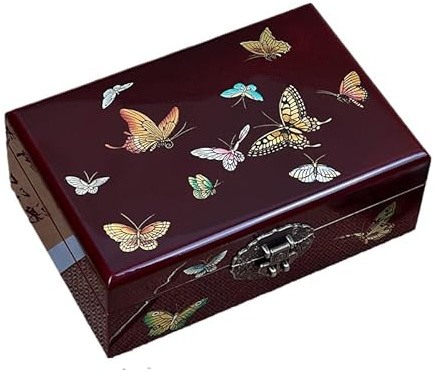 BLEOAKYNUT Handmade Lacquer Jewelry Box – Vintage Wooden Jewelry Organizer with Dual-Layer Storage & Mirror, Artisan-Crafted Keepsake Gift for Women, Brides, Anniversaries (Butterfly)