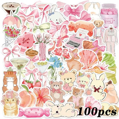 100 Pcs Aesthetic Pink Cute Stickers, Waterproof Cute Sticker Funny Bookish Stickers Vinyl Book Stickers Decals for Laptop for Water Bottles, Scrapbooking, Notebook, Laptop