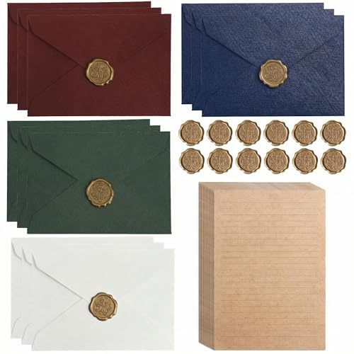 VVQWCY Briefpapier mit Umschlag Set, 20 Vintage Schönes Liniert Papier mit 12 Umschlag Wachssiegel für Liebesbrief Einladung