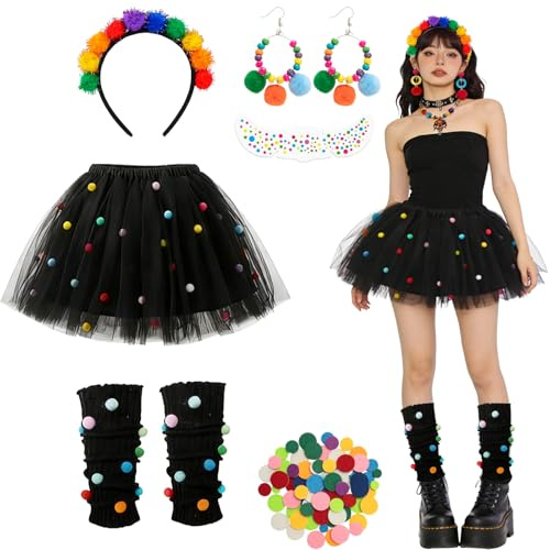 VgxRolq Konfetti Kostüm Damen, 7 Stück Karneval Kostüm Damen Mit Tüllrock, Haarreif, Ohrringe, Gesichtsaufkleber Und Beinwärmer, Kostüm für Halloween, Cosplay, Karneval Mottoparty