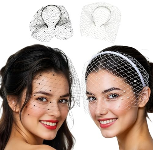 LIANRISES 2 Stück Schwarzer Weiß Schleier Stirnband, Fascinator Damen, Braut Mesh Hut für Hochzeit, Teeparty, Beerdigung